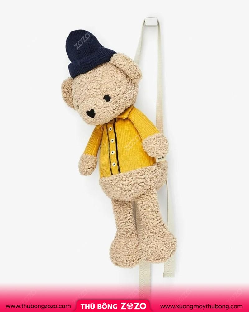 Ba lô đi học Zara gấu nâu áo vàng Teddy